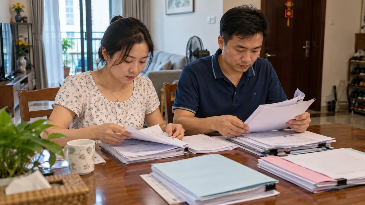 Hai vợ chồng phân loại giấy tờ nhân thân, nhà ở và thu nhập để chuẩn bị đăng ký nhà ở xã hội