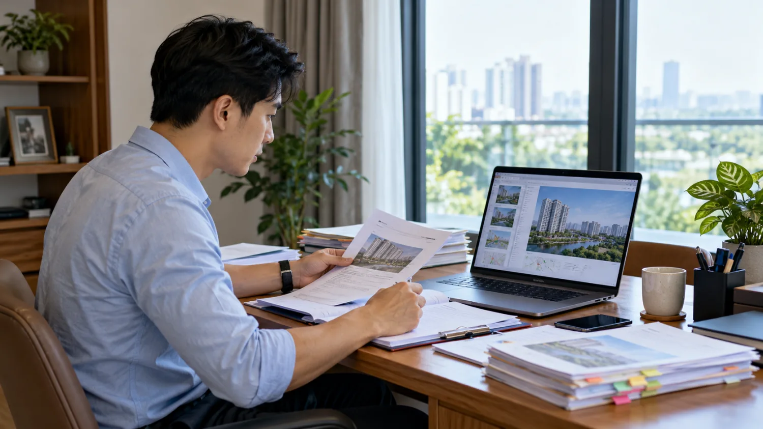 Người mua đối chiếu thông báo dự án trên máy tính với bộ hồ sơ giấy đã phân loại