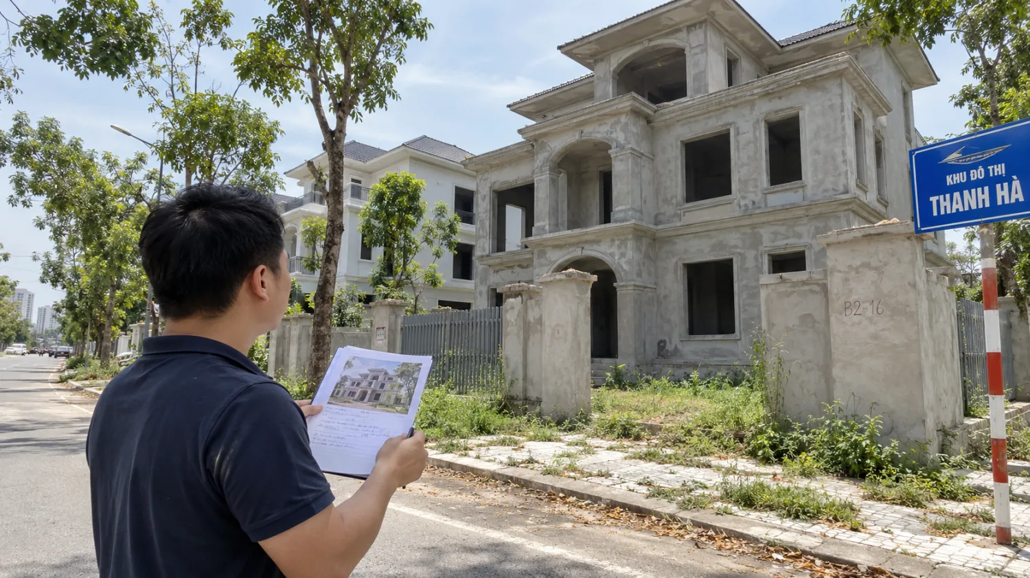 Người mua đối chiếu mặt tiền biệt thự xây thô ở Thanh Hà với thông tin tin rao