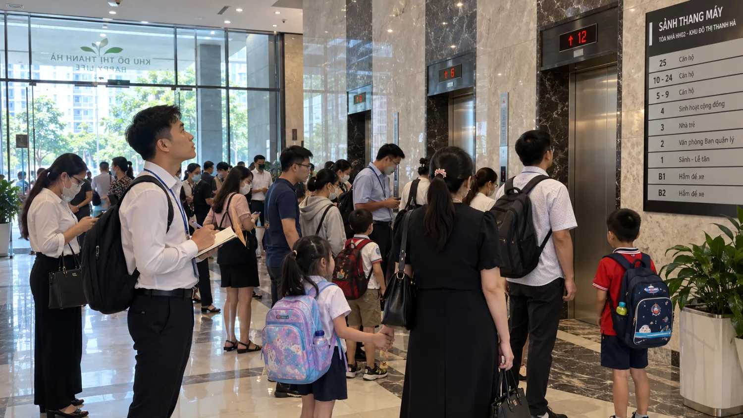 Cư dân và phụ huynh dắt trẻ chờ thang máy ở sảnh tòa chung cư Thanh Hà trong giờ cao điểm buổi sáng
