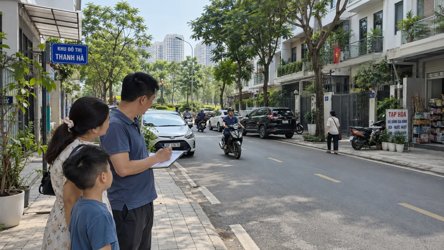 Gia đình quan sát đường, chỗ đỗ xe và môi trường quanh dãy nhà liền kề Thanh Hà