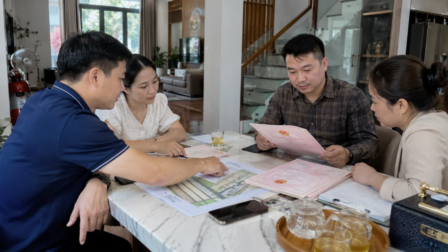 Người mua và người bán đối chiếu giấy tờ nhà đất trong căn liền kề Thanh Hà