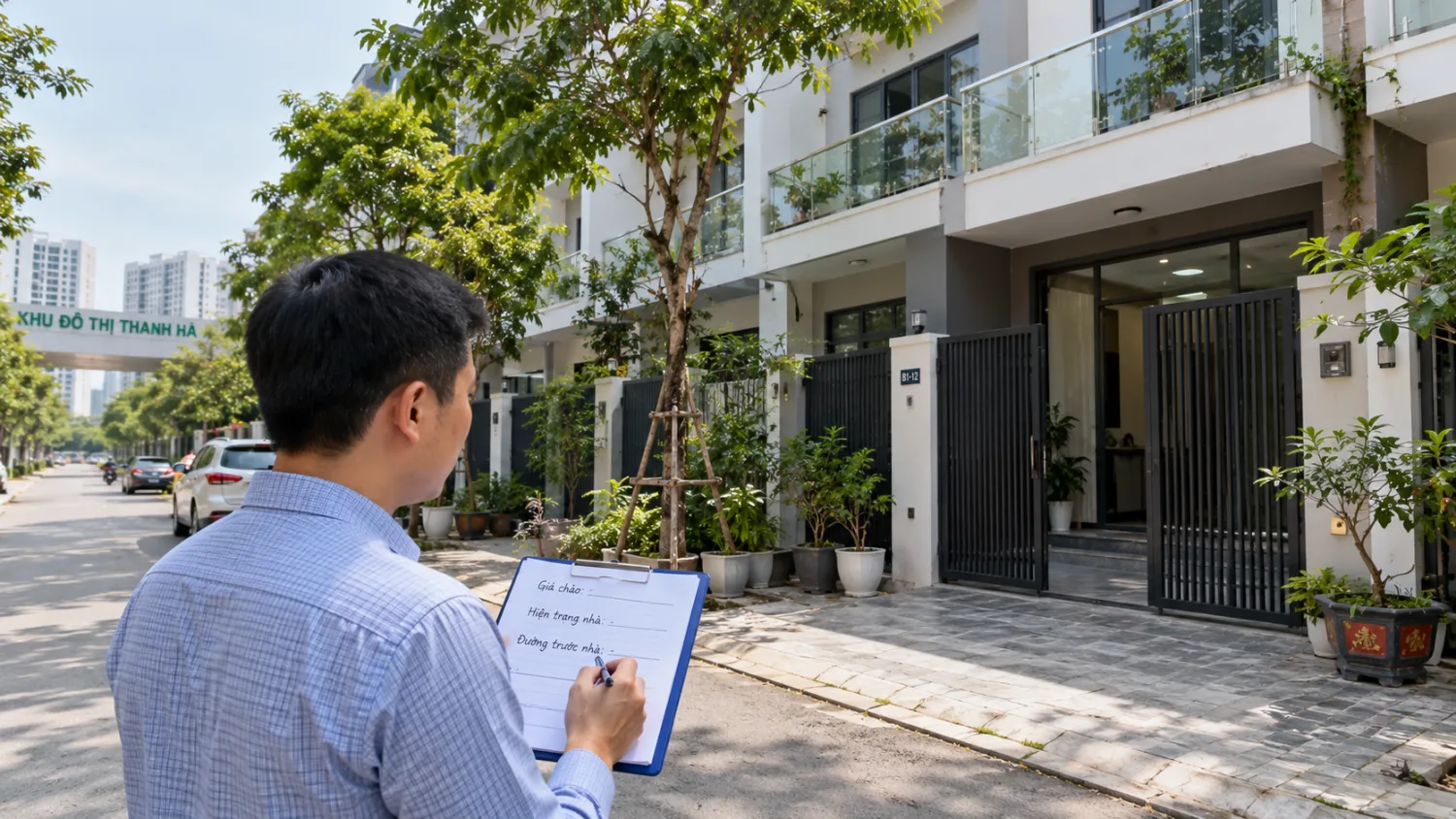 Người mua kiểm tra mặt tiền căn liền kề Thanh Hà, ghi chú giá chào, hiện trạng và đường trước nhà