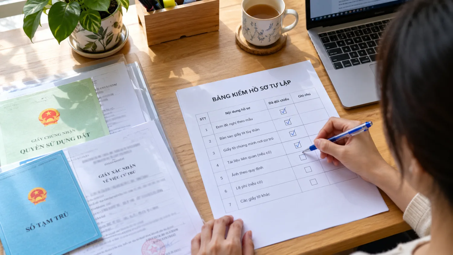 Bàn làm việc nhìn từ trên xuống với giấy tờ cư trú, bút, máy tính và người đang đánh dấu bảng kiểm hồ sơ.