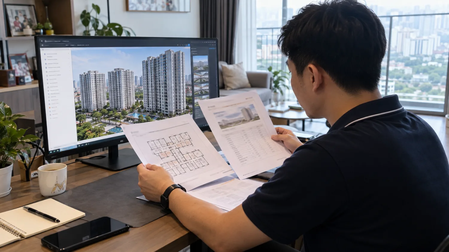 Người mua nhà đối chiếu mã căn hộ và thông tin tòa nhà trên giấy tờ với máy tính tại căn hộ ở Hà Đông.
