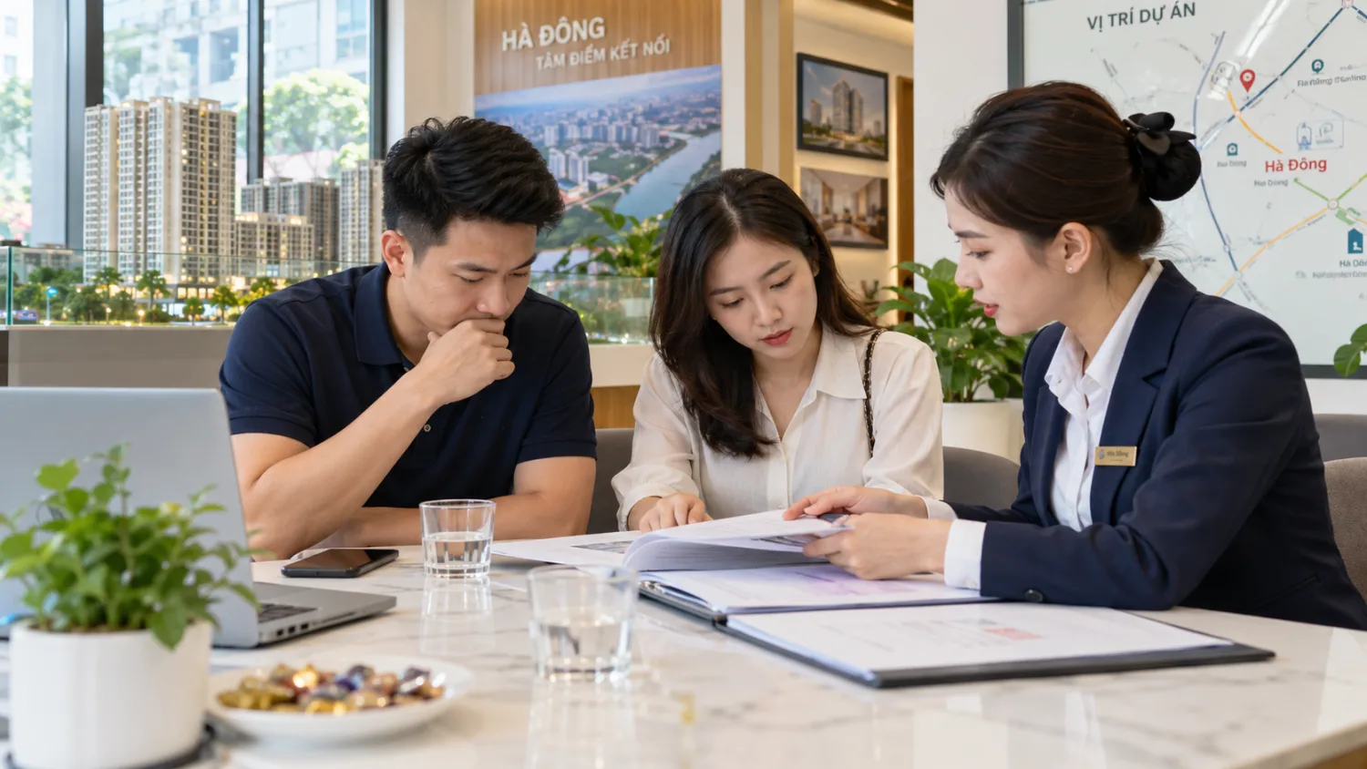 Người mua nhà cùng chuyên viên tư vấn xem hợp đồng và giấy tờ căn hộ tại văn phòng bất động sản ở Hà Đông.