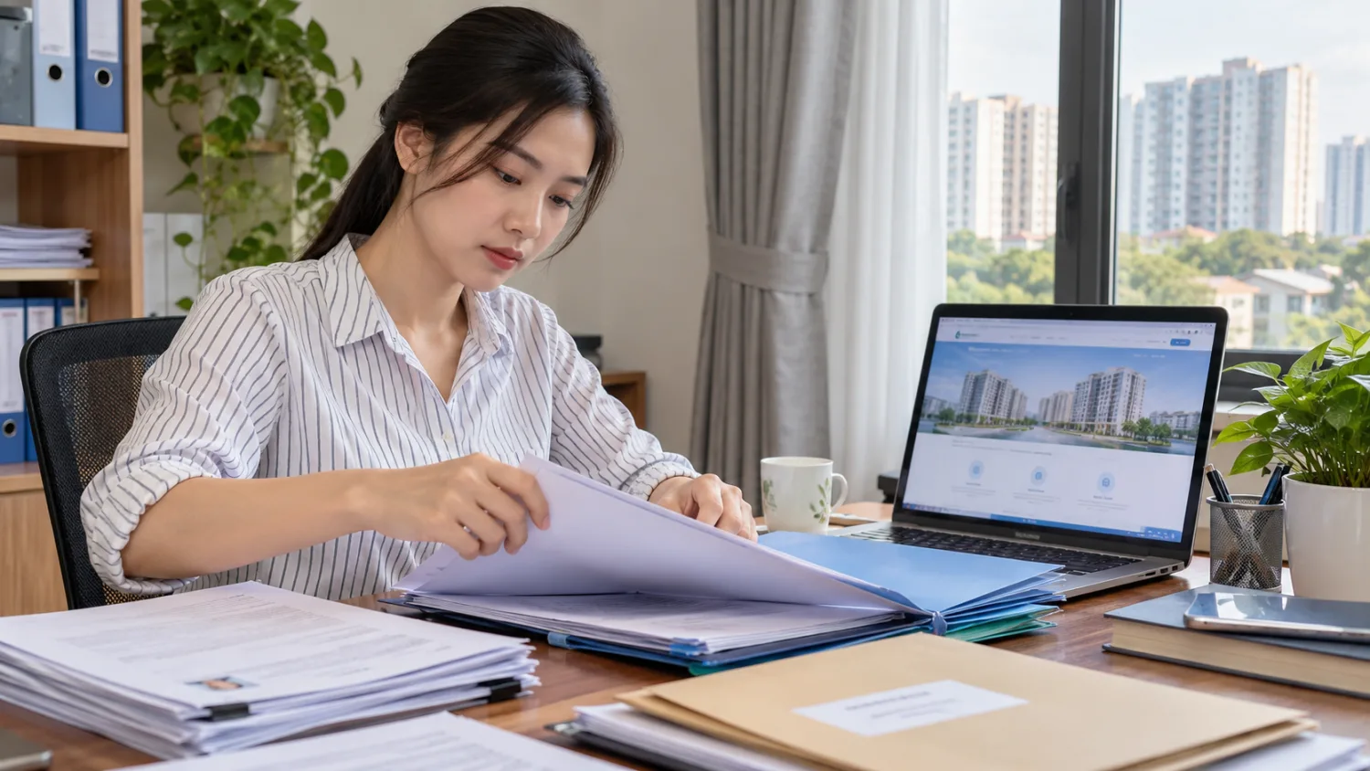 Người phụ nữ sắp xếp hồ sơ đăng ký nhà ở xã hội cạnh máy tính hiển thị thông báo dự án.